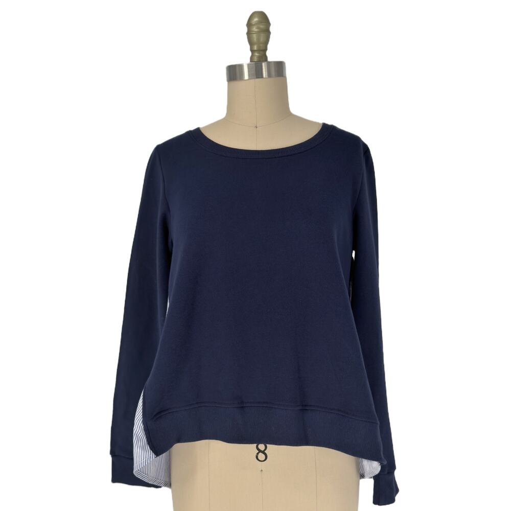 NEW Kensie Jeans Layer Look Ruffle Back Sweatshirt sz Medium Navy Pinstripe - Picture 2 of 8